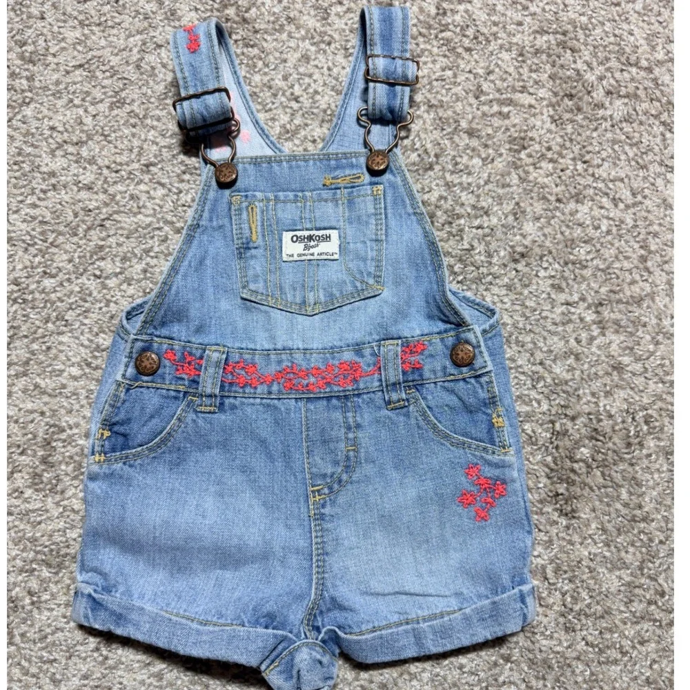 OshKosh B'gosh Shortall Girls 9M Blue Denim Floral Embroidered Baby Overalls